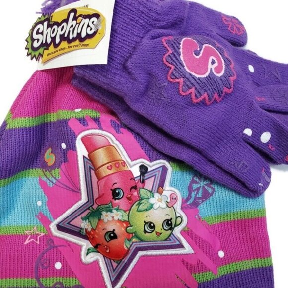 Shopkins Girls Purple & Pink Striped Scandinavian Hat and Gloves One Size Gift - Picture 6 of 6